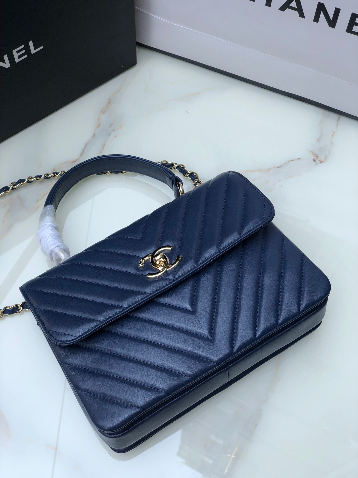 Ch**el FLAP BAG WITH TOP HANDLE NAVY 6.6 × 9.8 × 4.7 in