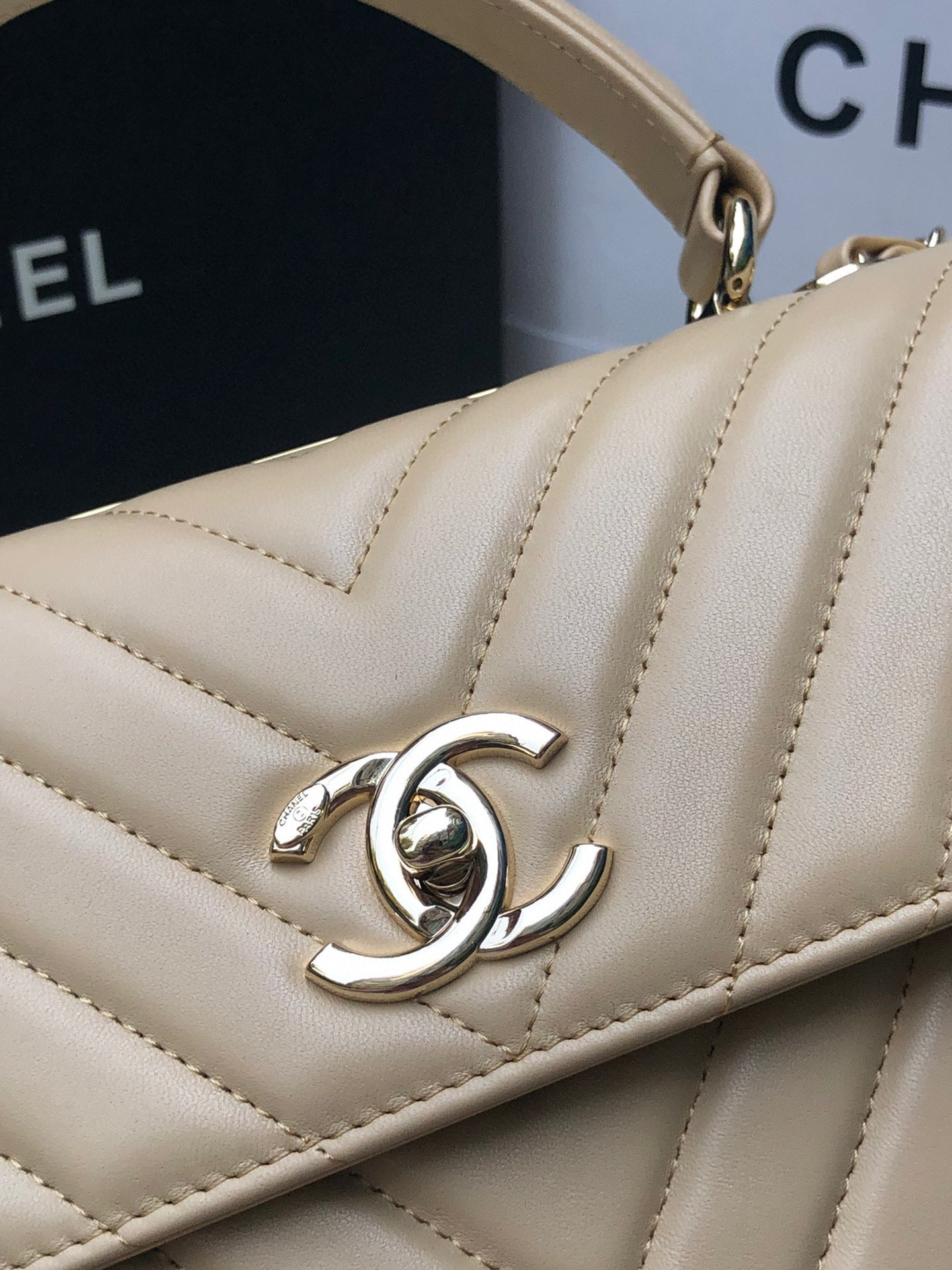 Ch**el FLAP BAG WITH TOP HANDLE BEIGE 6.6 × 9.8 × 4.7 in