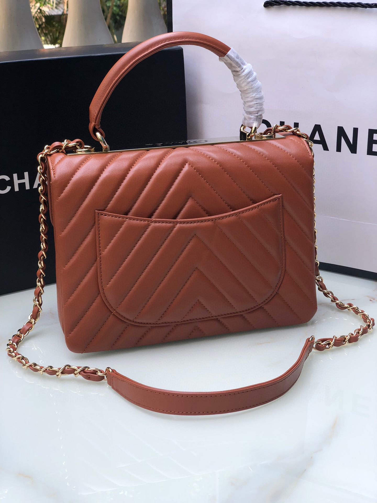 Ch**el FLAP BAG WITH TOP HANDLE ORANGE 6.6 × 9.8 × 4.7 in
