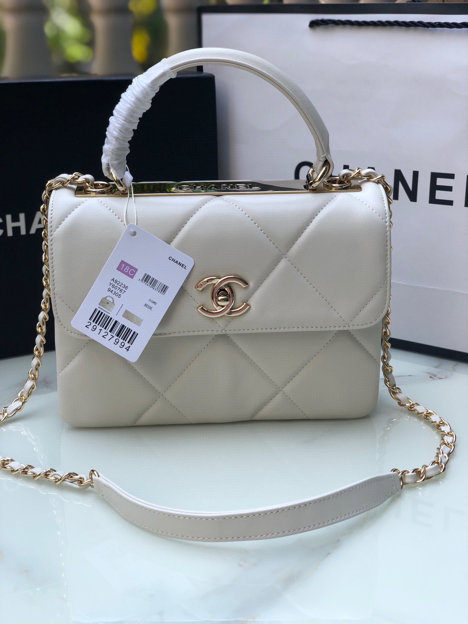 Ch**el FLAP BAG WITH TOP HANDLE 6.6 × 9.8 × 4.7 in