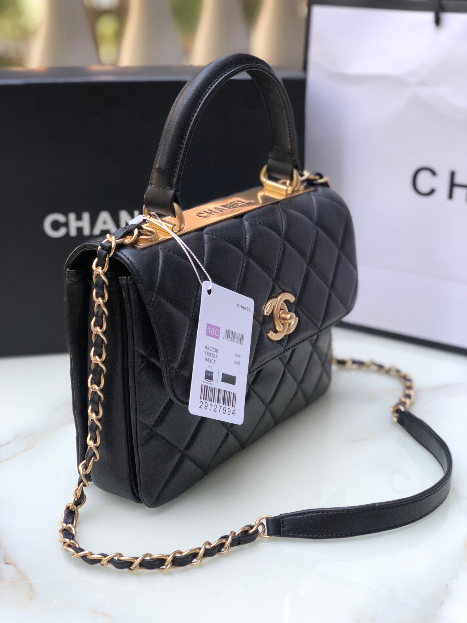 Ch**el FLAP BAG WITH TOP HANDLE 6.6 × 9.8 × 4.7 in