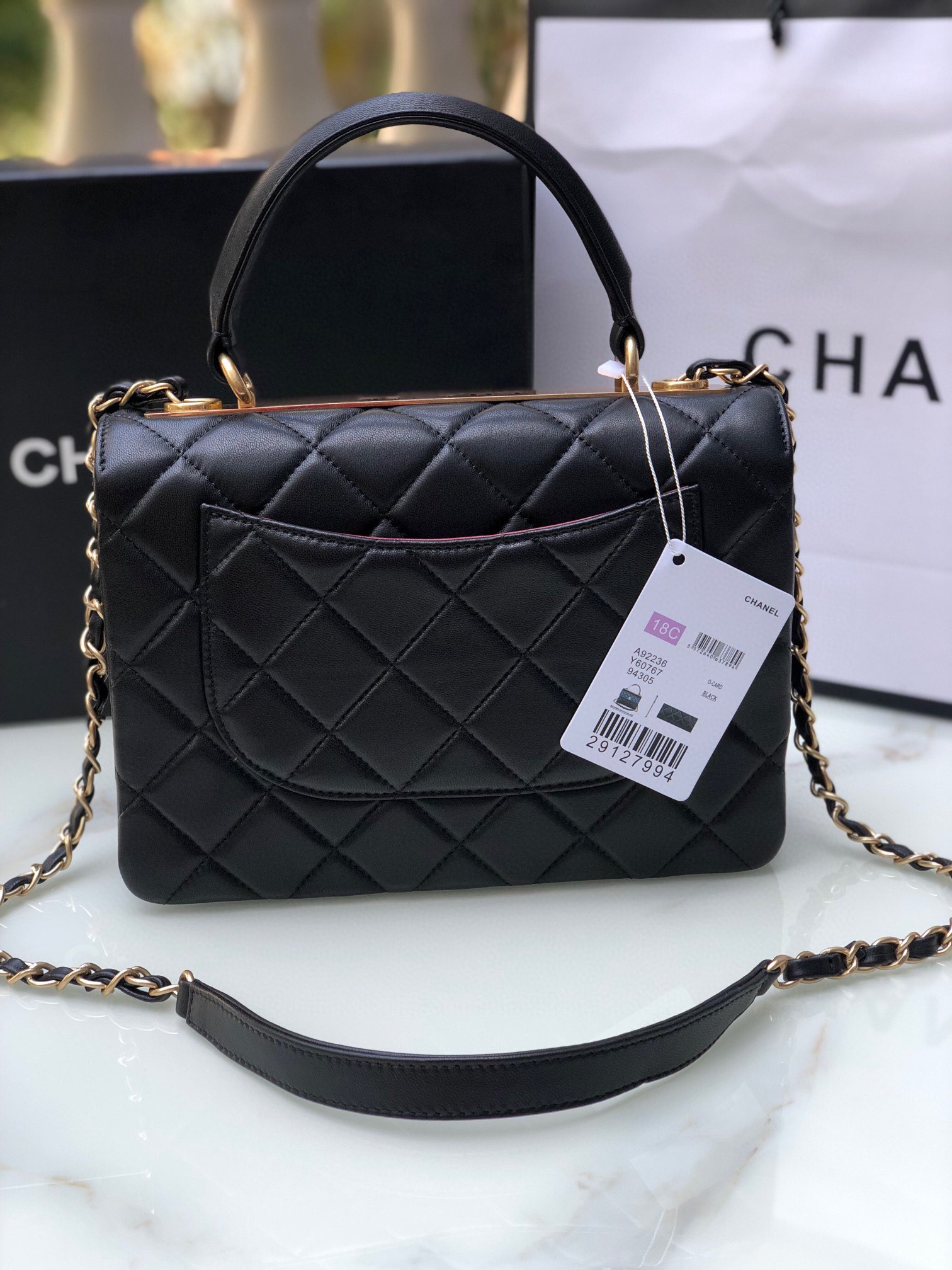 Ch**el FLAP BAG WITH TOP HANDLE 6.6 × 9.8 × 4.7 in