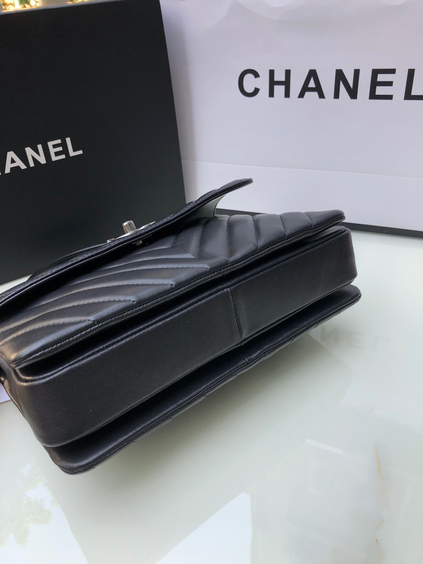 Ch**el FLAP BAG WITH TOP HANDLE 6.6 × 9.8 × 4.7 in