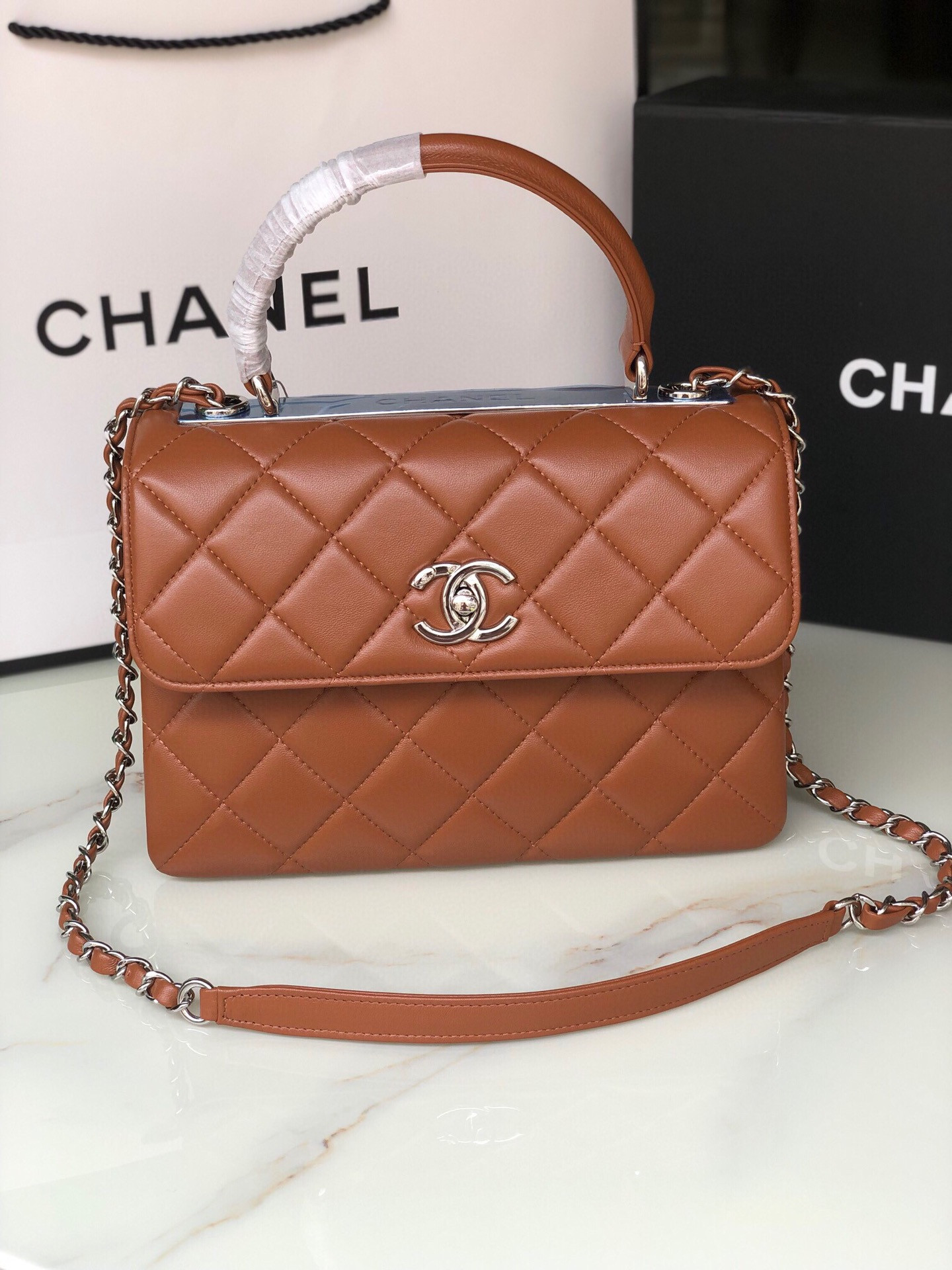 Ch**el FLAP BAG WITH TOP HANDLE 6.6 × 9.8 × 4.7 in