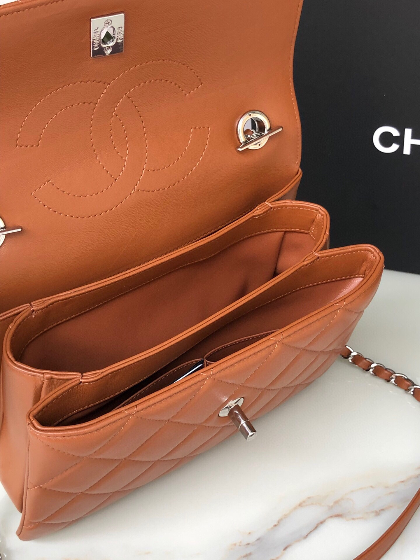 Ch**el FLAP BAG WITH TOP HANDLE 6.6 × 9.8 × 4.7 in