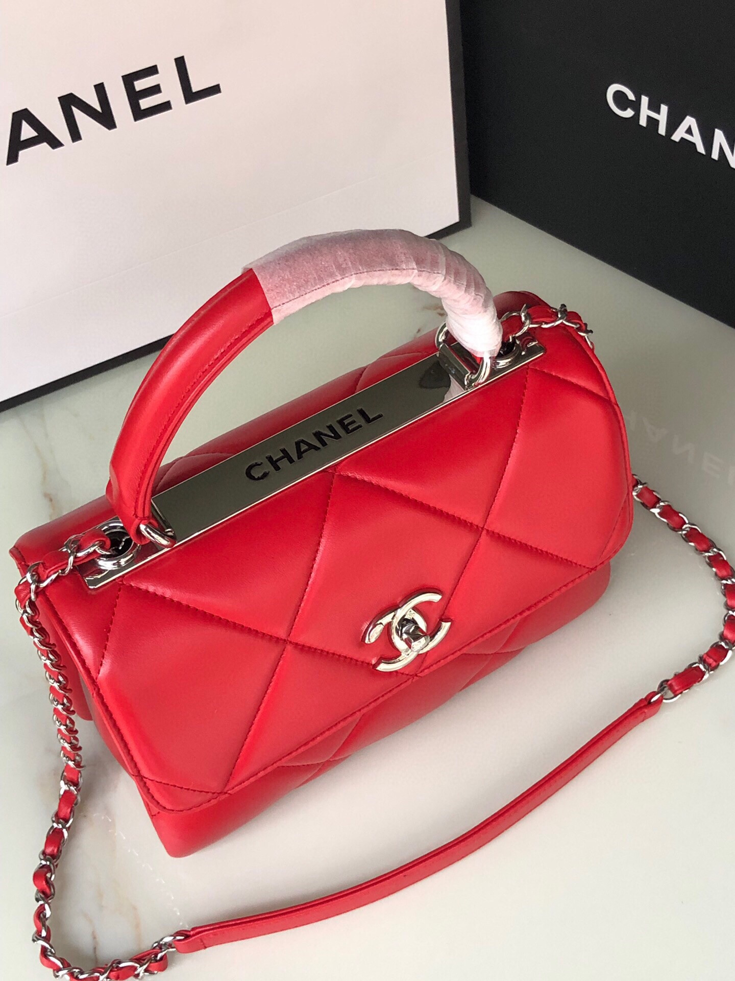 Ch**el FLAP BAG WITH TOP HANDLE 6.6 × 9.8 × 4.7 in