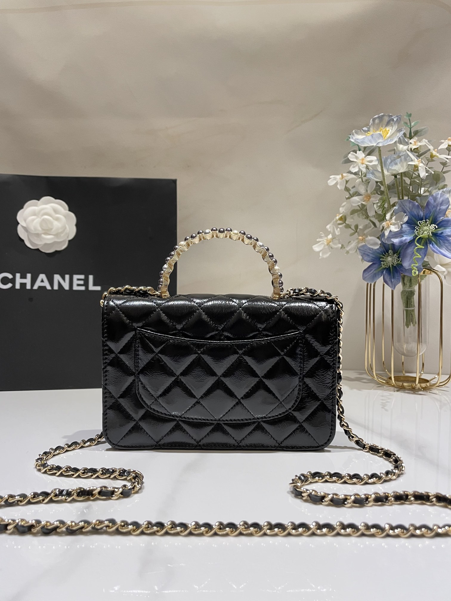 Ch**el CLASSIC WALLET ON CHAIN Rhinestone Handle BLACK 4.8 × 7.5 × 1.4