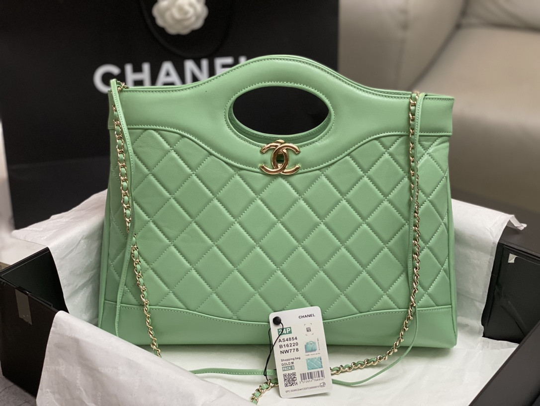 Ch**el  SHOPPING BAG Shiny Lambskin & Gold-Tone Metal Light green 35x39x8cm