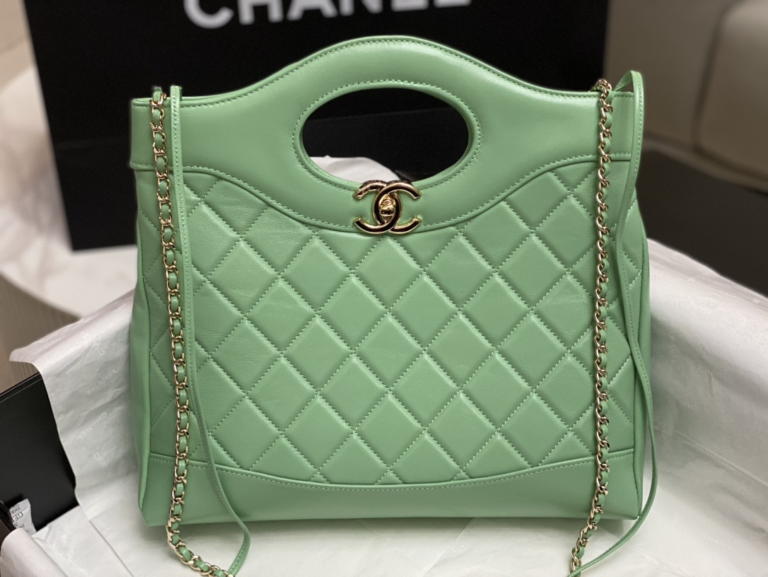 Ch**el SHOPPING BAG Shiny Lambskin & Gold-Tone Metal Light green 11.7 × 11.3 × 3.5 in