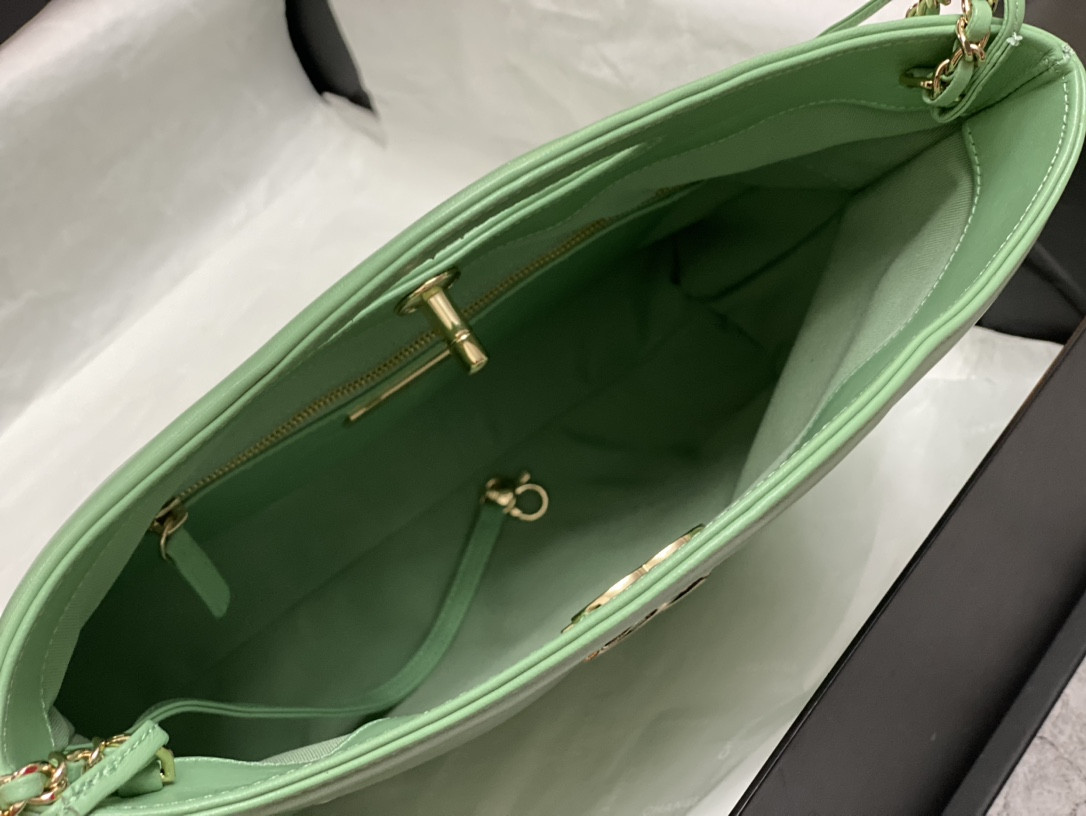 Ch**el SHOPPING BAG Shiny Lambskin & Gold-Tone Metal Light green 11.7 × 11.3 × 3.5 in