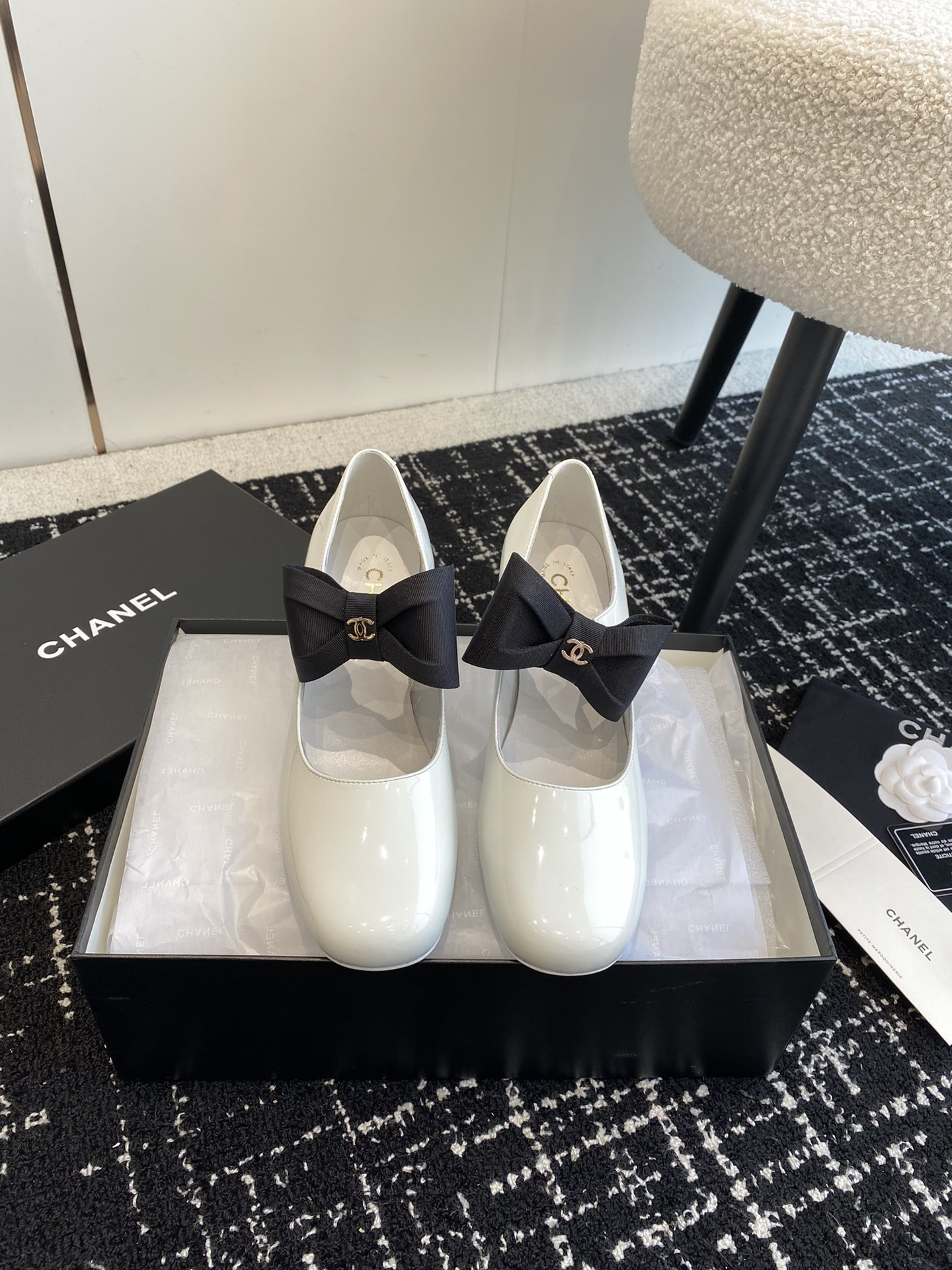 UA Ch**el MARY JANES Patent Calfskin & Grosgrain