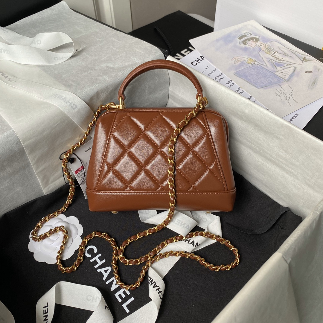 Ch**el MINI BAG WITH TOP HANDLE  Shiny Lambskin & Gold-Tone Metal Brown 12 × 18 × 7 cm