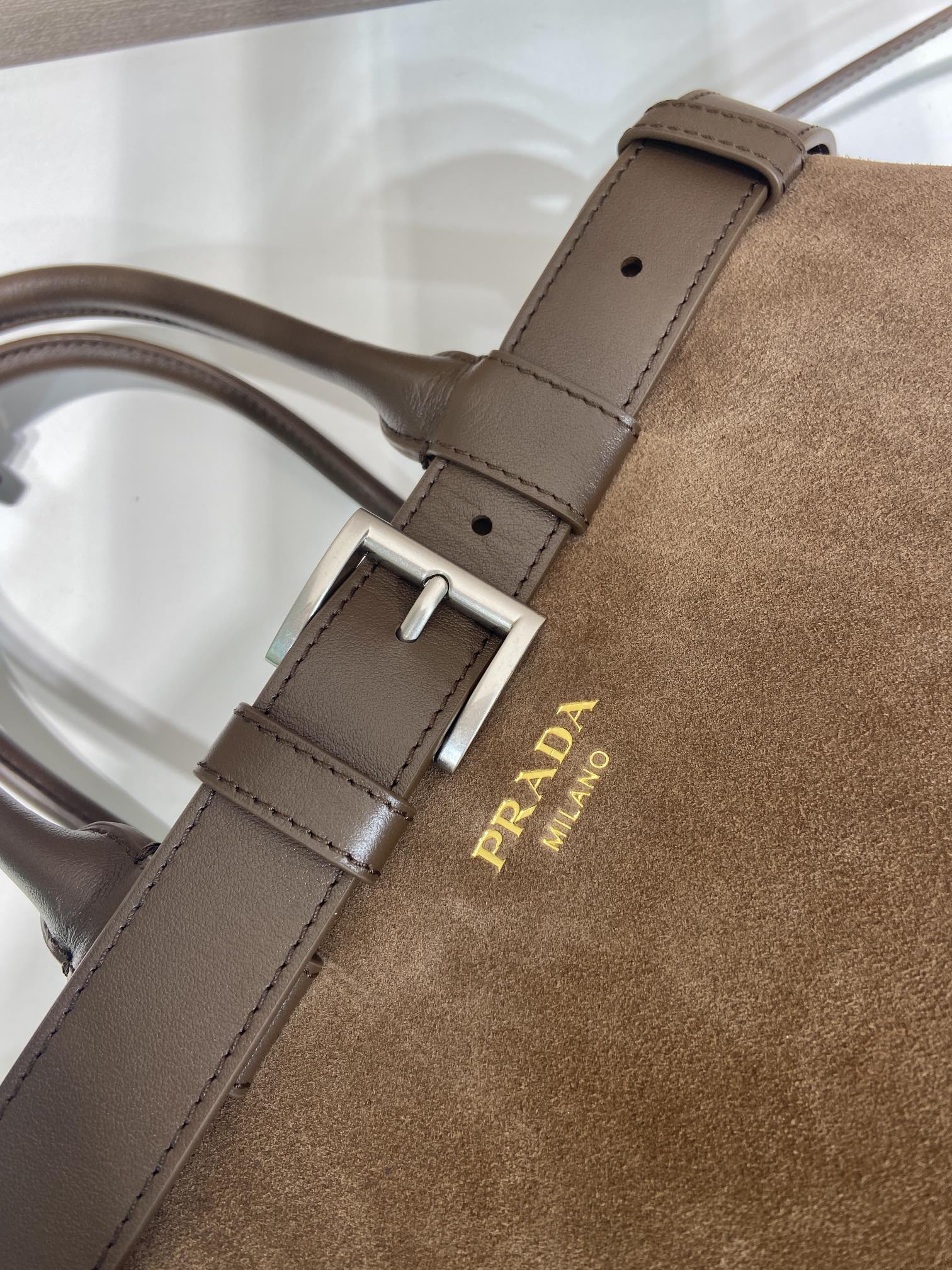 Pra*a Large Pra*a Buckle suede bag with belt  27.5x37.5x14cm