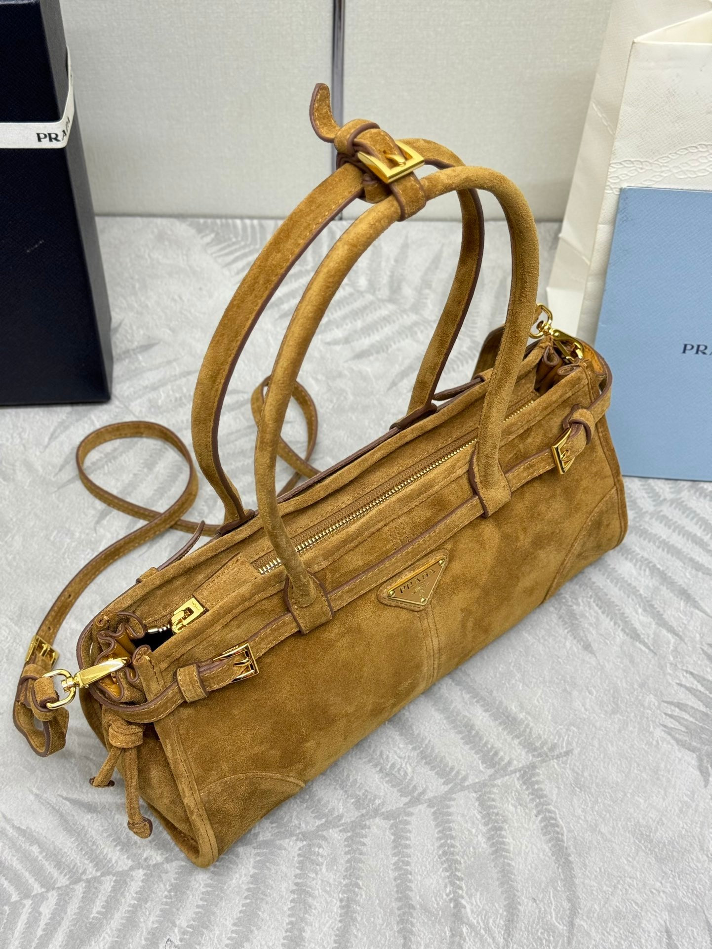 Pra*a Bonnie Medium Suede Handbag 32x15.5x12cm