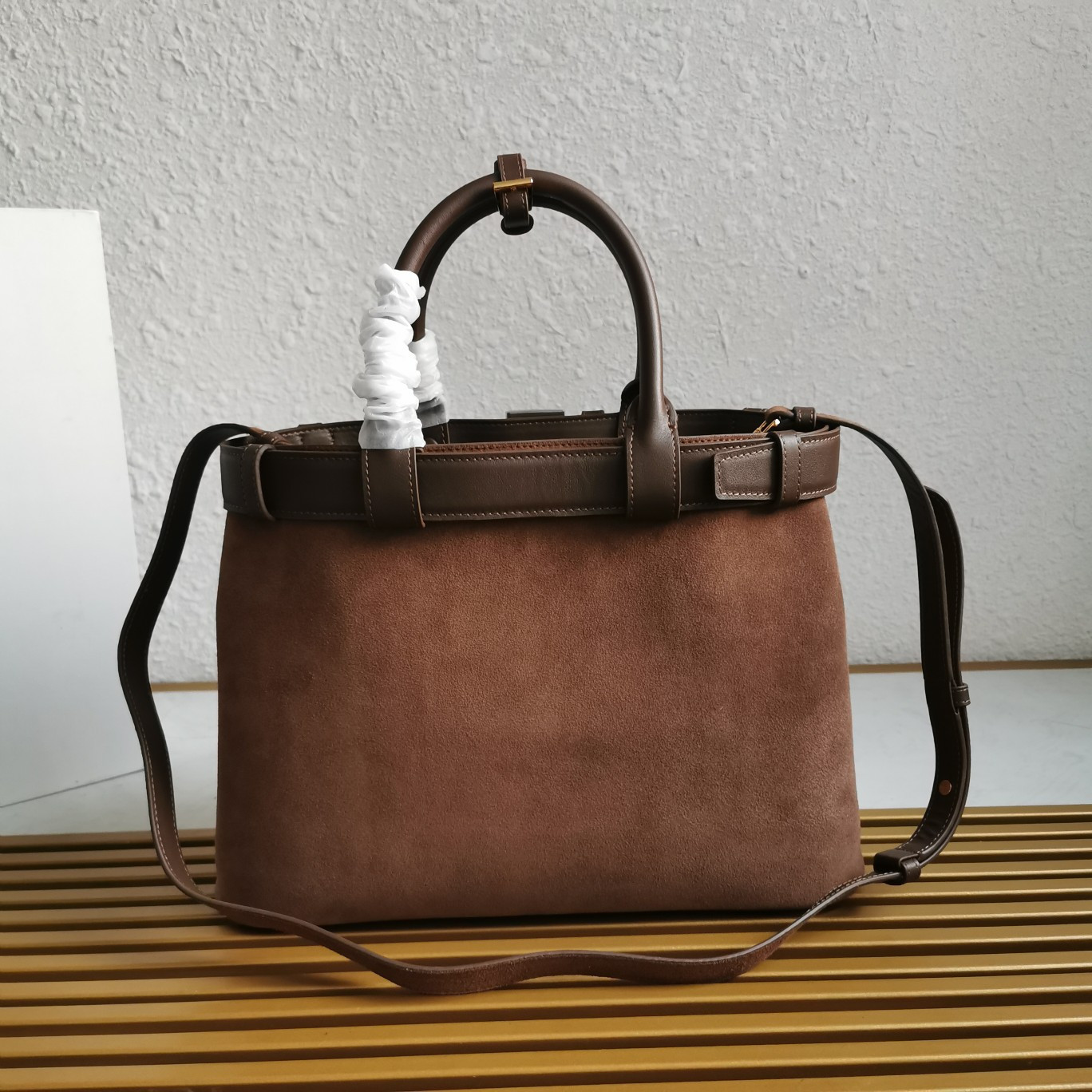 Pra*a Large Pra*a Buckle suede bag with belt  27.5x37.5x14cm