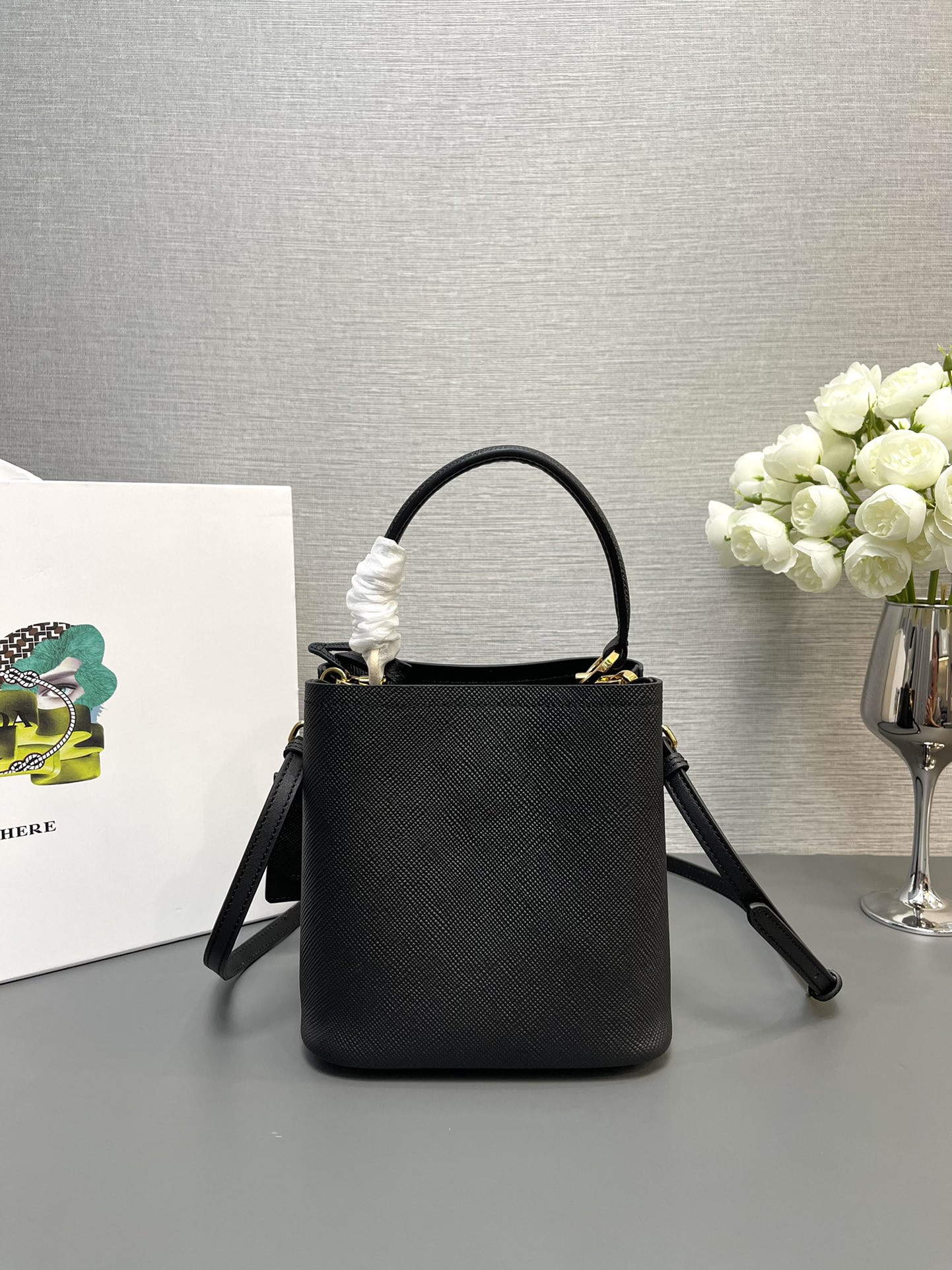 Pra*a Small Saffiano Leather Pra*a Panier Bag 18x17x10.5cm