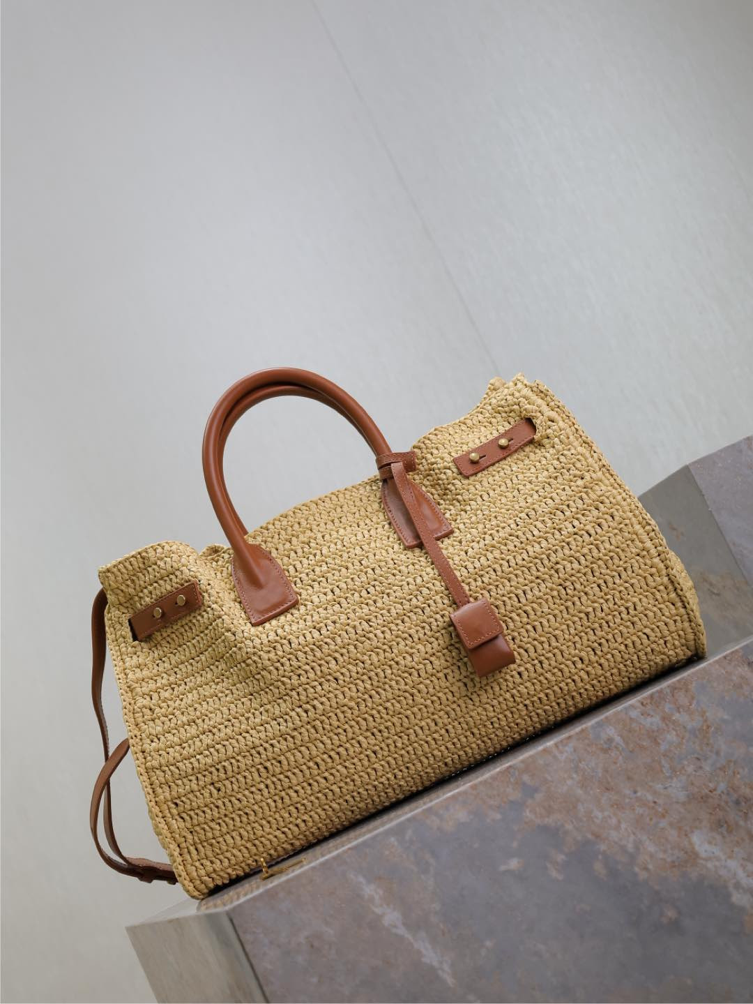 Y51 SAC DE jour S*pple in raffia and leather - medium 41x28x13cm