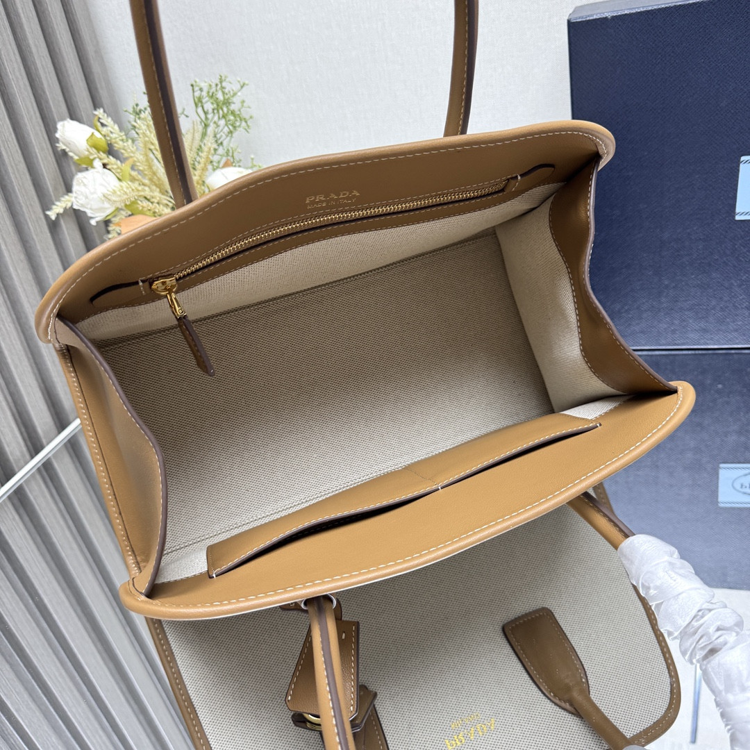 Pra*a Medium linen blend and leather tote bag 22.5x35x18cm