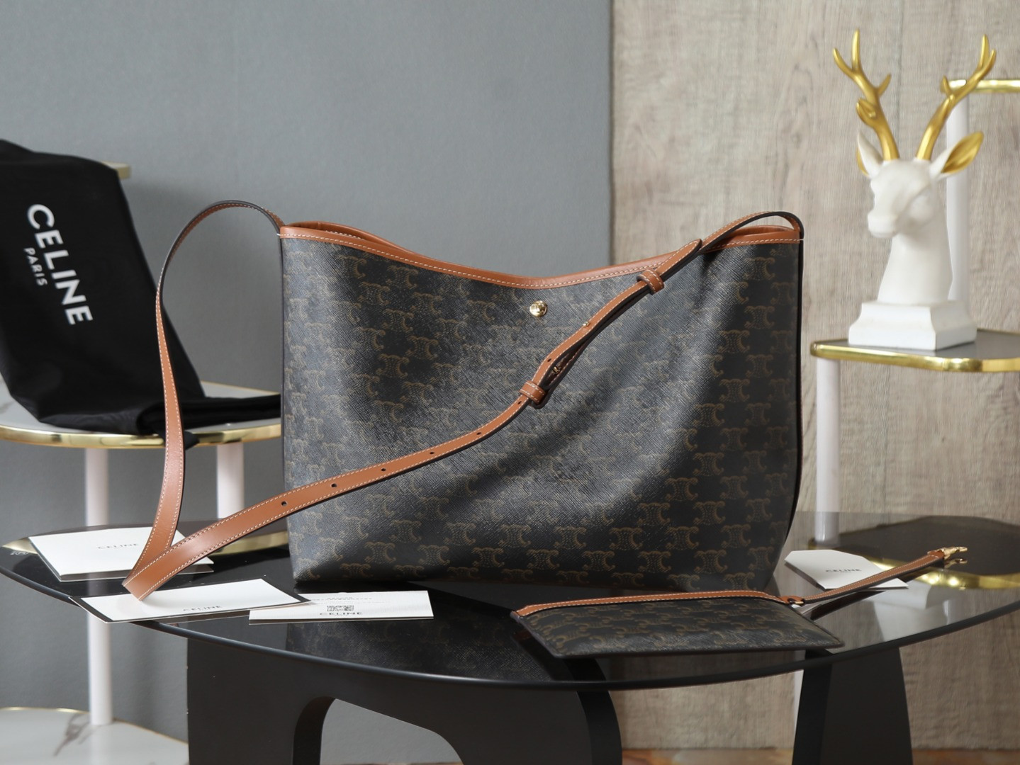 Ce1i*e SOFT SHOPPER BAG IN Triomphe Canvas and Calfskin 32.5x24.5x14cm